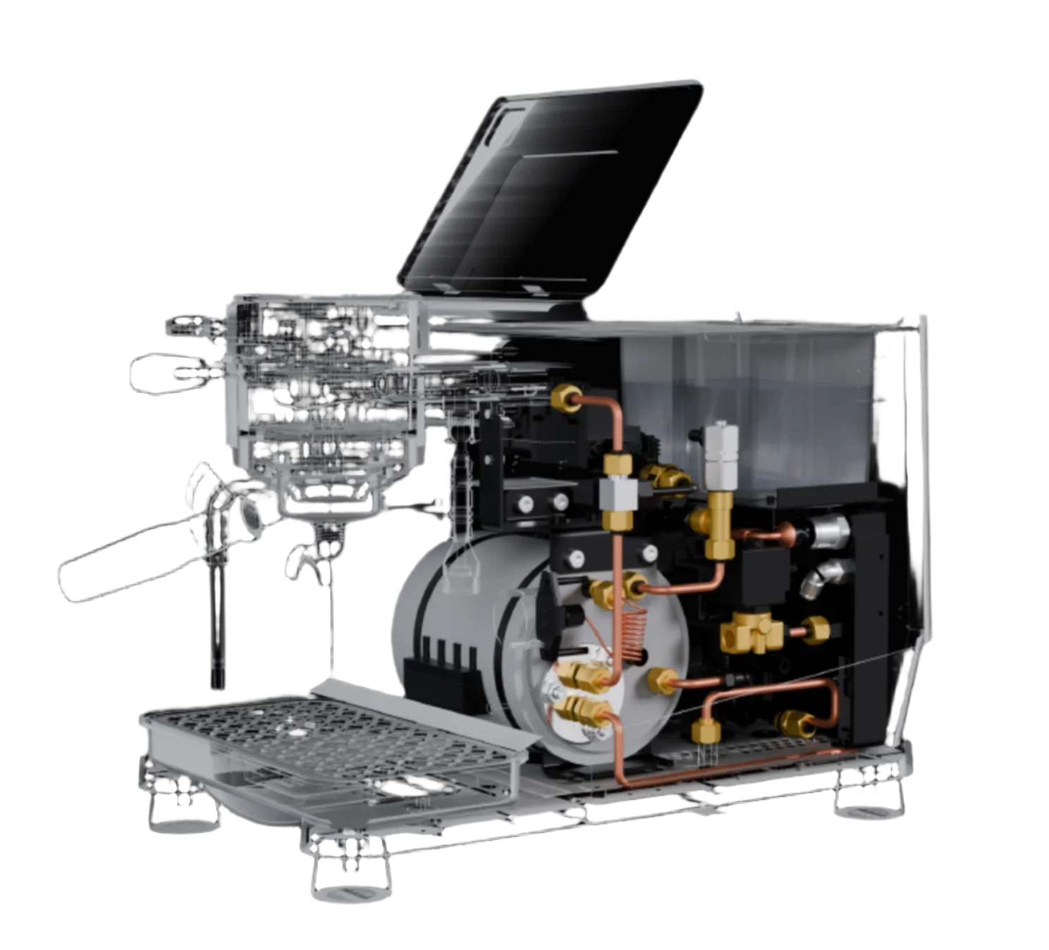 Schematic diagram of Wendougee DATA S coffee machine with visible internal components on a transparent background
