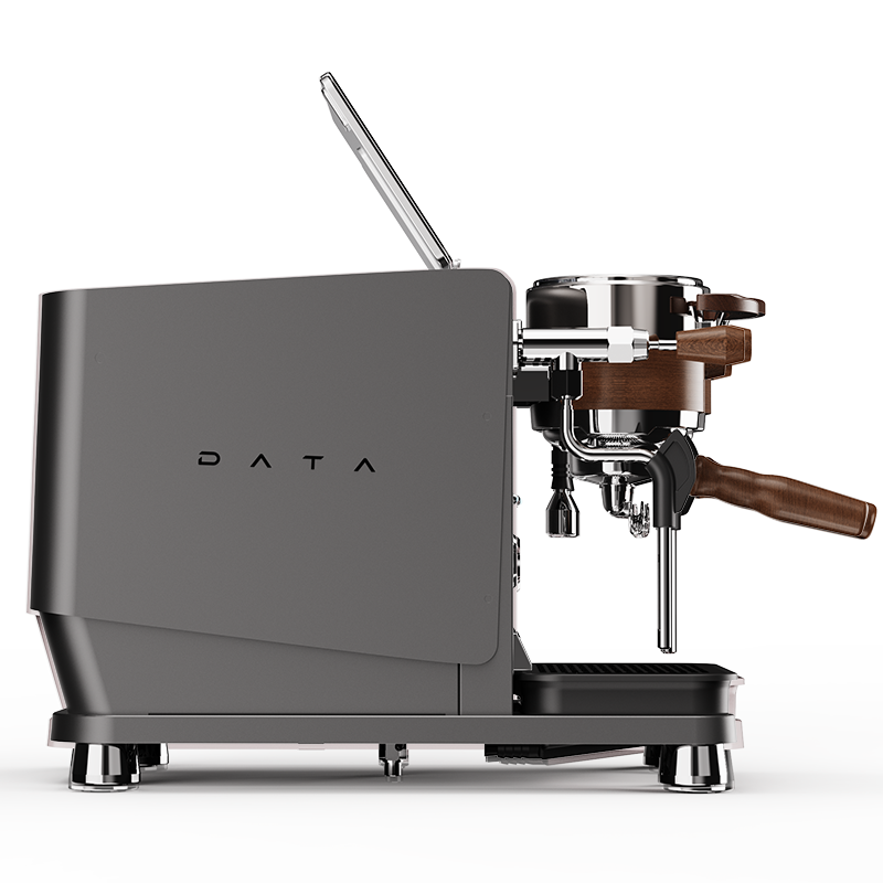 Gray Wendougee DATA S espresso machine in black with wooden portafilter handle