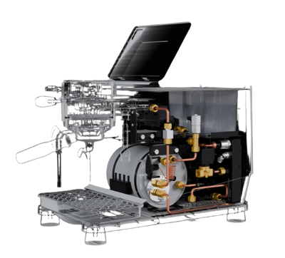 Schematic diagram of Wendougee DATA S coffee machine with visible internal components on a transparent background