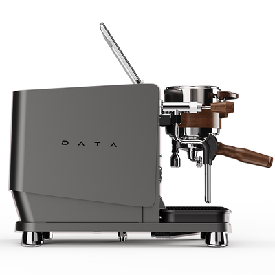 Gray Wendougee DATA S espresso machine in black with wooden portafilter handle